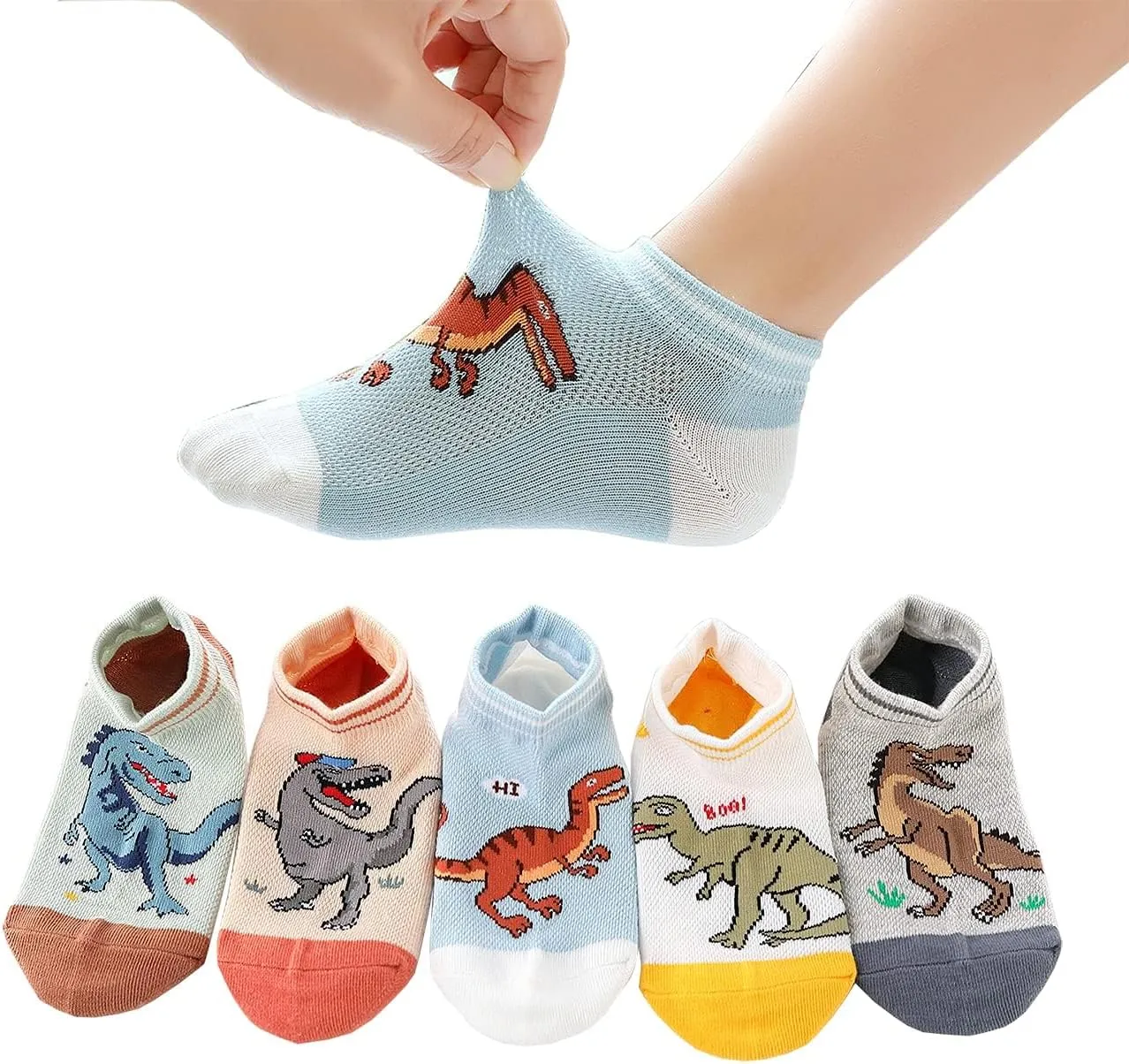CHUNG Boys Cotton Ankle Socks 5/10 Pack Low Cut Dinosaur Mesh 2-9Y Light Weight Back School Running Sports Casual