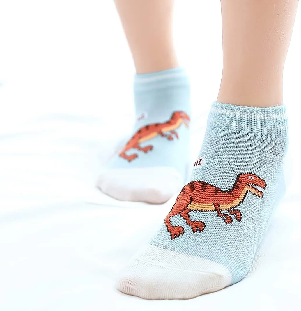 CHUNG Boys Cotton Ankle Socks 5/10 Pack Low Cut Dinosaur Mesh 2-9Y Light Weight Back School Running Sports Casual