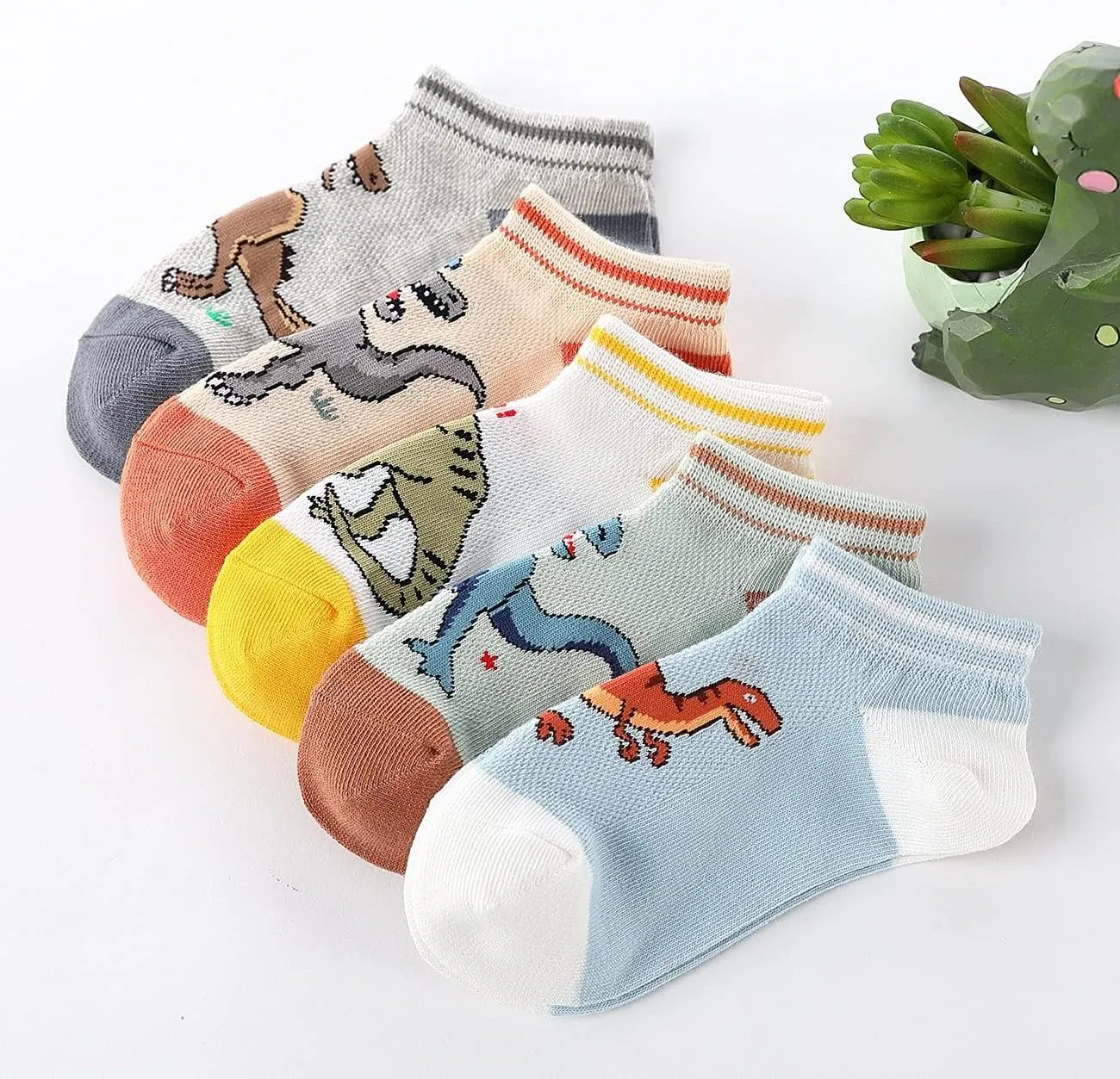 CHUNG Boys Cotton Ankle Socks 5/10 Pack Low Cut Dinosaur Mesh 2-9Y Light Weight Back School Running Sports Casual