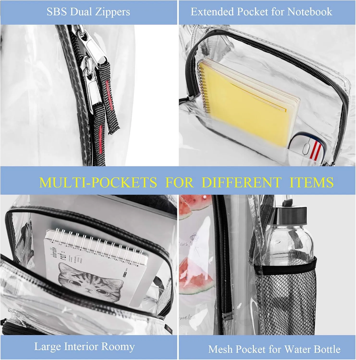 Fomaris Clear Backpack See Through Transparent Plastic Clear Bookbags for School College Stadium Work, Black, 2 Pack Bulks