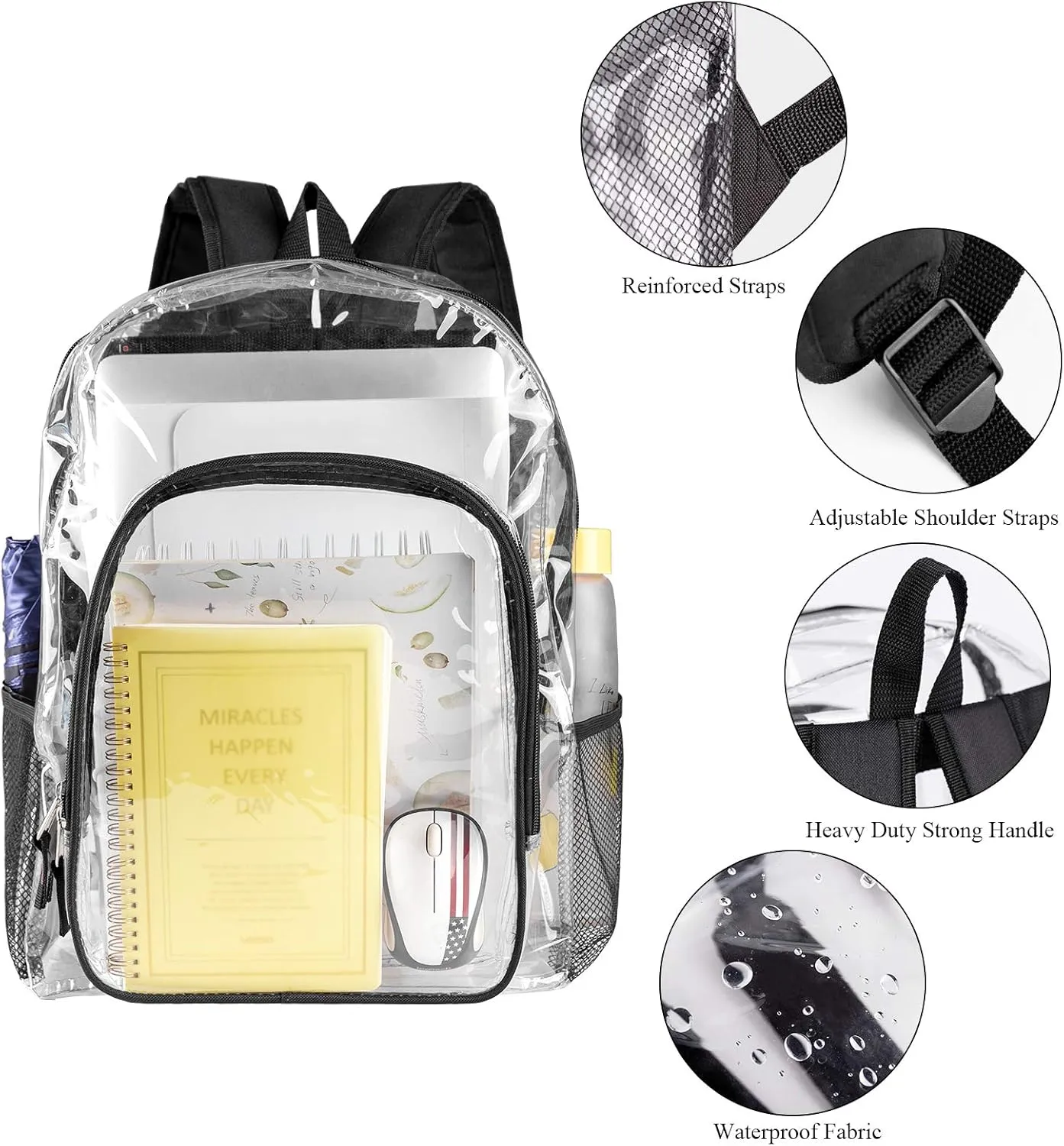 Fomaris Clear Backpack See Through Transparent Plastic Clear Bookbags for School College Stadium Work, Black, 2 Pack Bulks