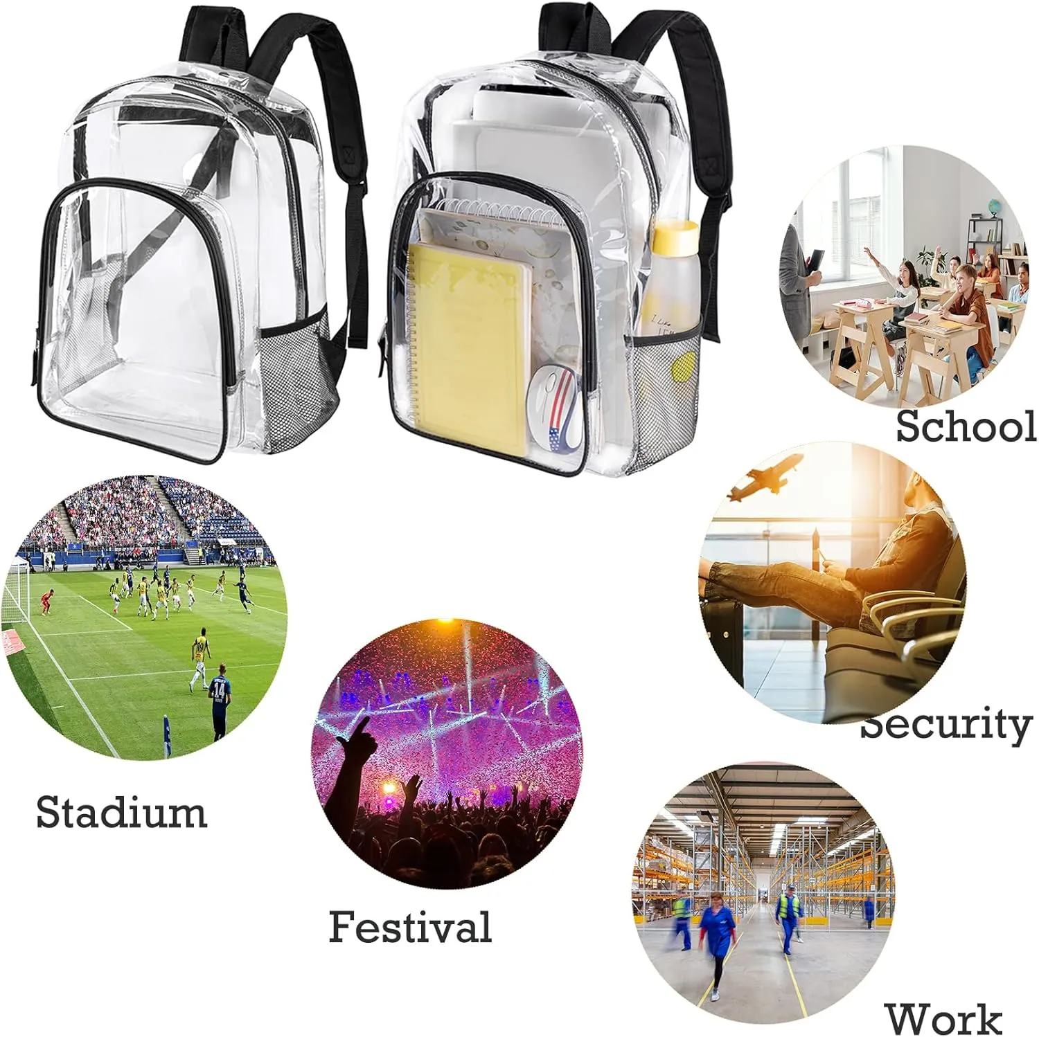 Fomaris Clear Backpack See Through Transparent Plastic Clear Bookbags for School College Stadium Work, Black, 2 Pack Bulks