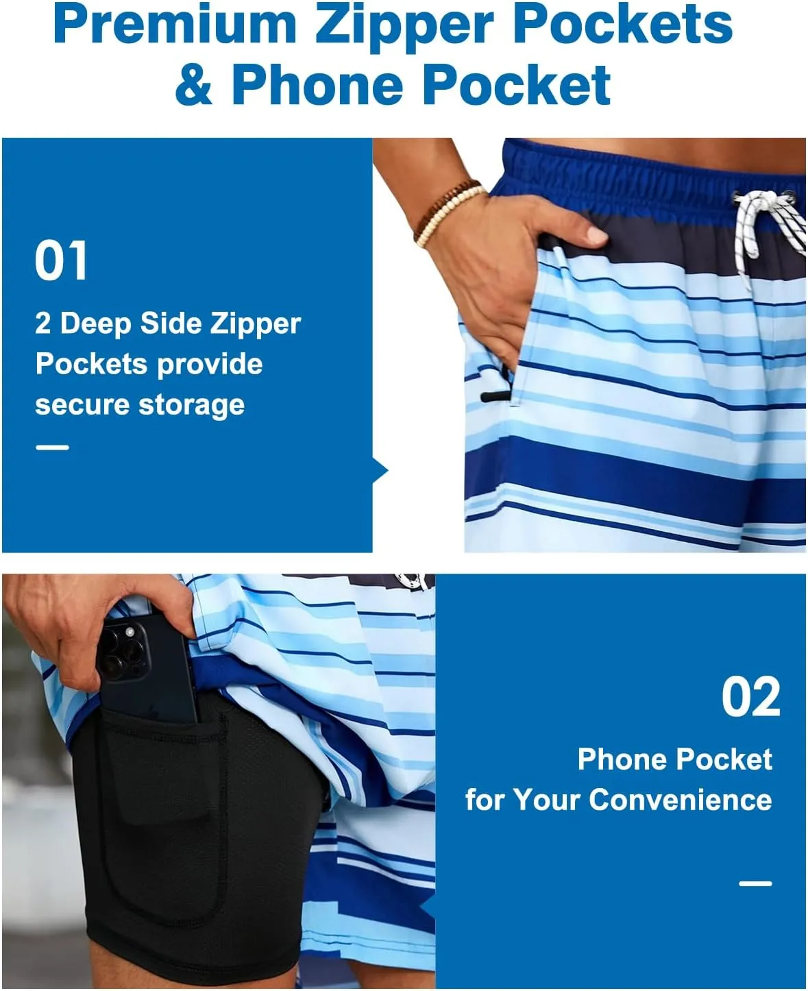 Mens Swim Trunks with Compression Liner Quick Dry Beach Shorts with Zipper Pockets