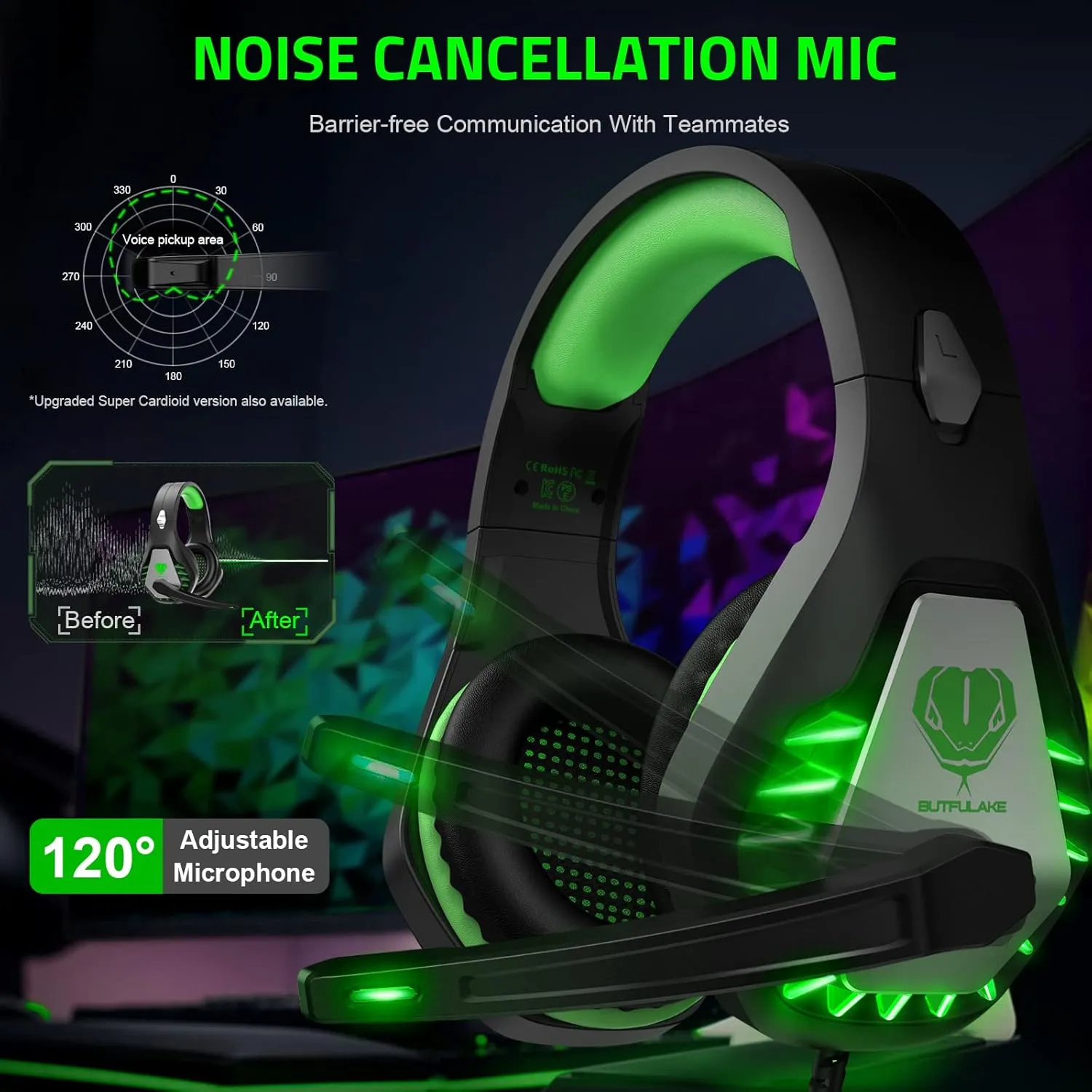 Pacrate Gaming Headset with Microphone for PC, PS4, PS5, Switch, Xbox Series X/S, Noise Cancelling Gaming Headphones with LED Lights for Kids Adults, Black Green