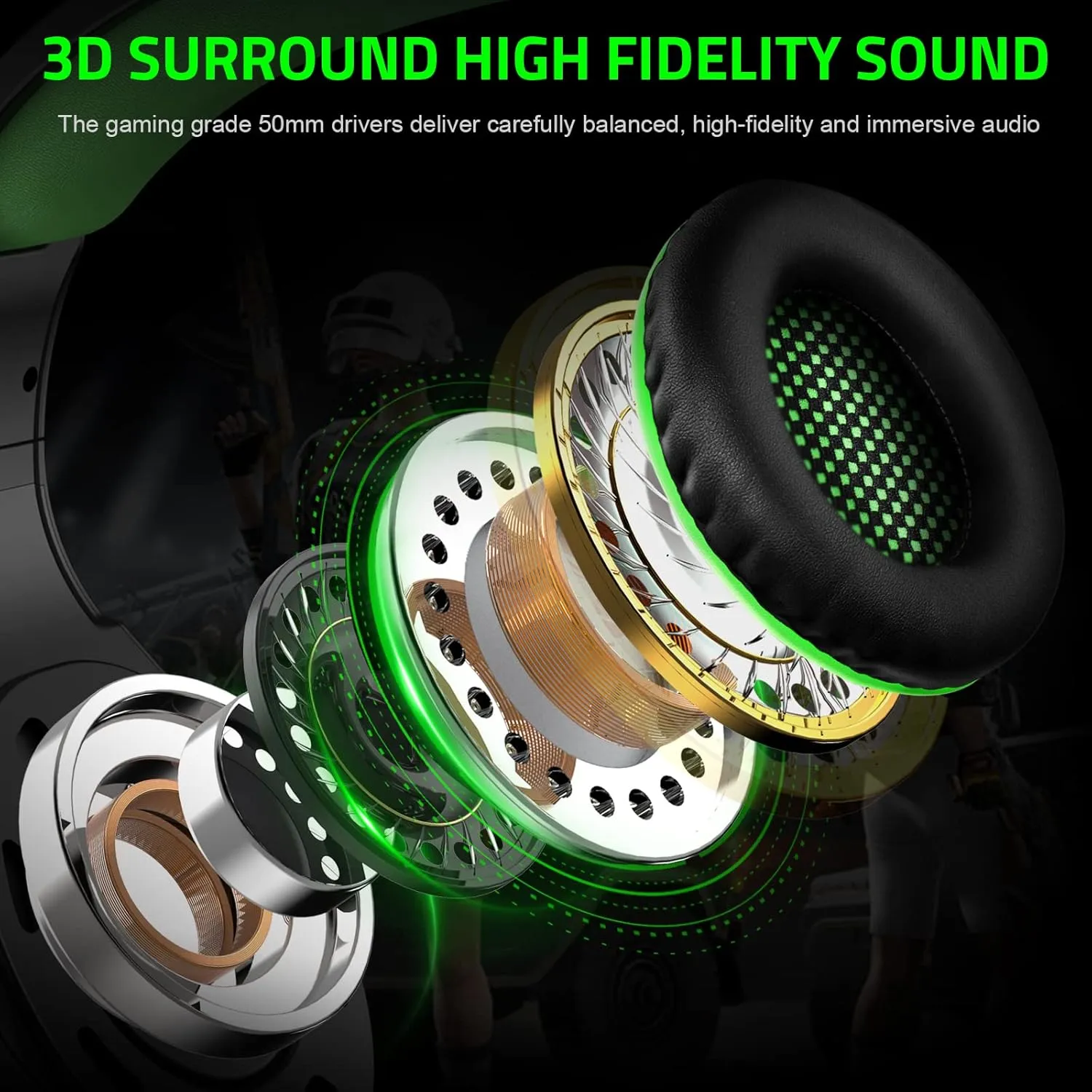 Pacrate Gaming Headset with Microphone for PC, PS4, PS5, Switch, Xbox Series X/S, Noise Cancelling Gaming Headphones with LED Lights for Kids Adults, Black Green