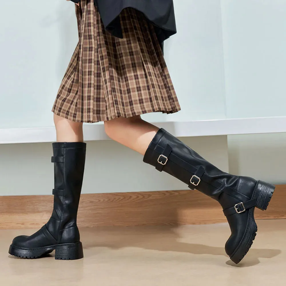 TAVIMART  -  New Good Quality Chunky Heels Platform Motorcycles Boots Women Trendy Buckle Belt Straps Over Calf Riding Boots Shoes