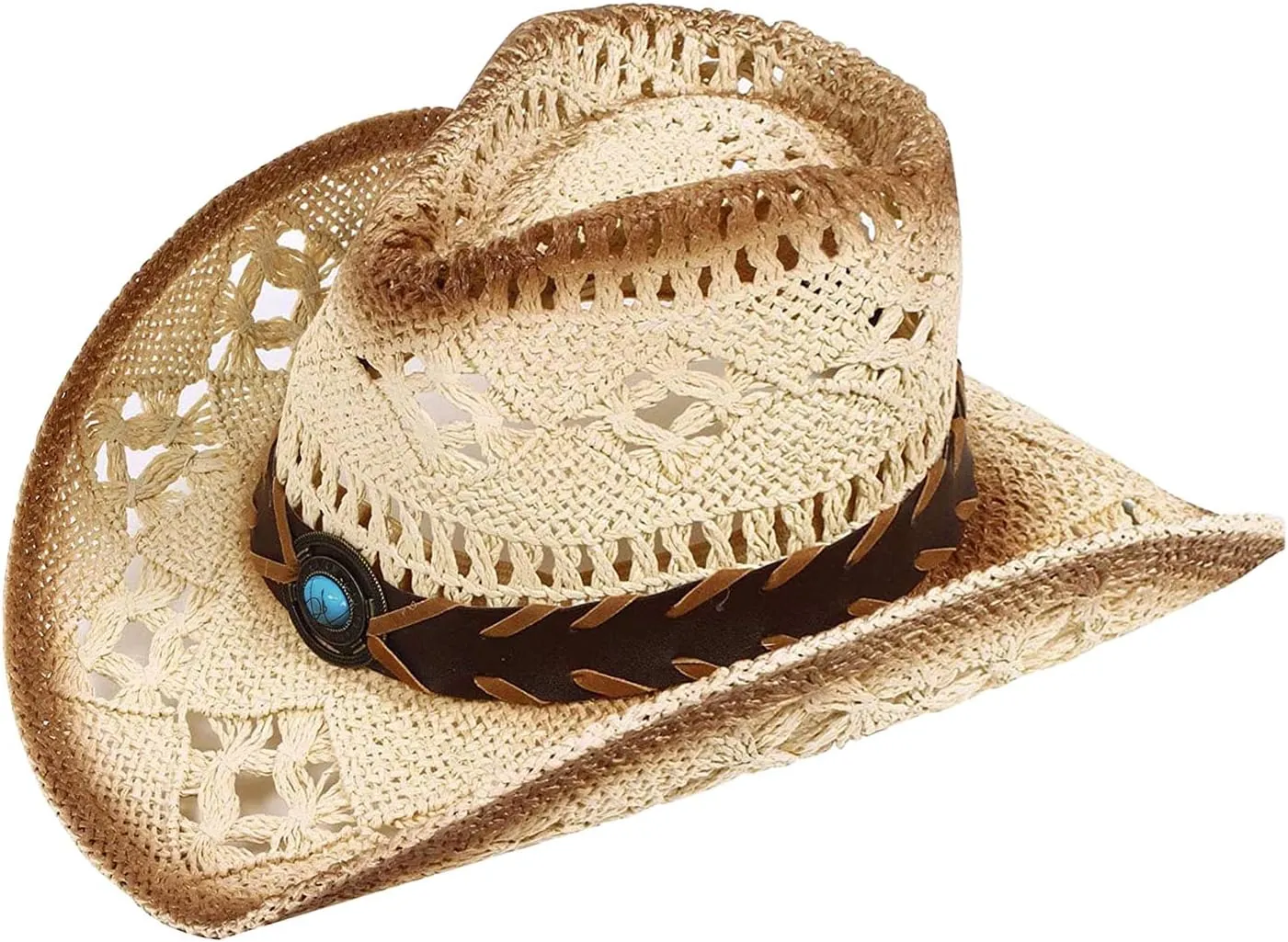 TOVOSO Straw Cowboy Hat for Women and Men with Shape-It Brim, Western Cowboy Hat, Orange/Beads - Tea Stain