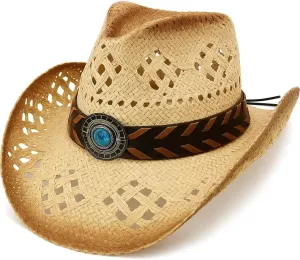 TOVOSO Straw Cowboy Hat for Women and Men with Shape-It Brim, Western Cowboy Hat, Orange/Beads - Tea Stain